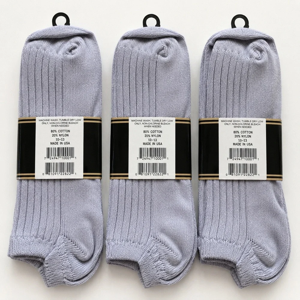 VTG Made In USA Gray Ribbed Crew Socks 3 Pair Cotton Blend Size 10-13‎ NOS